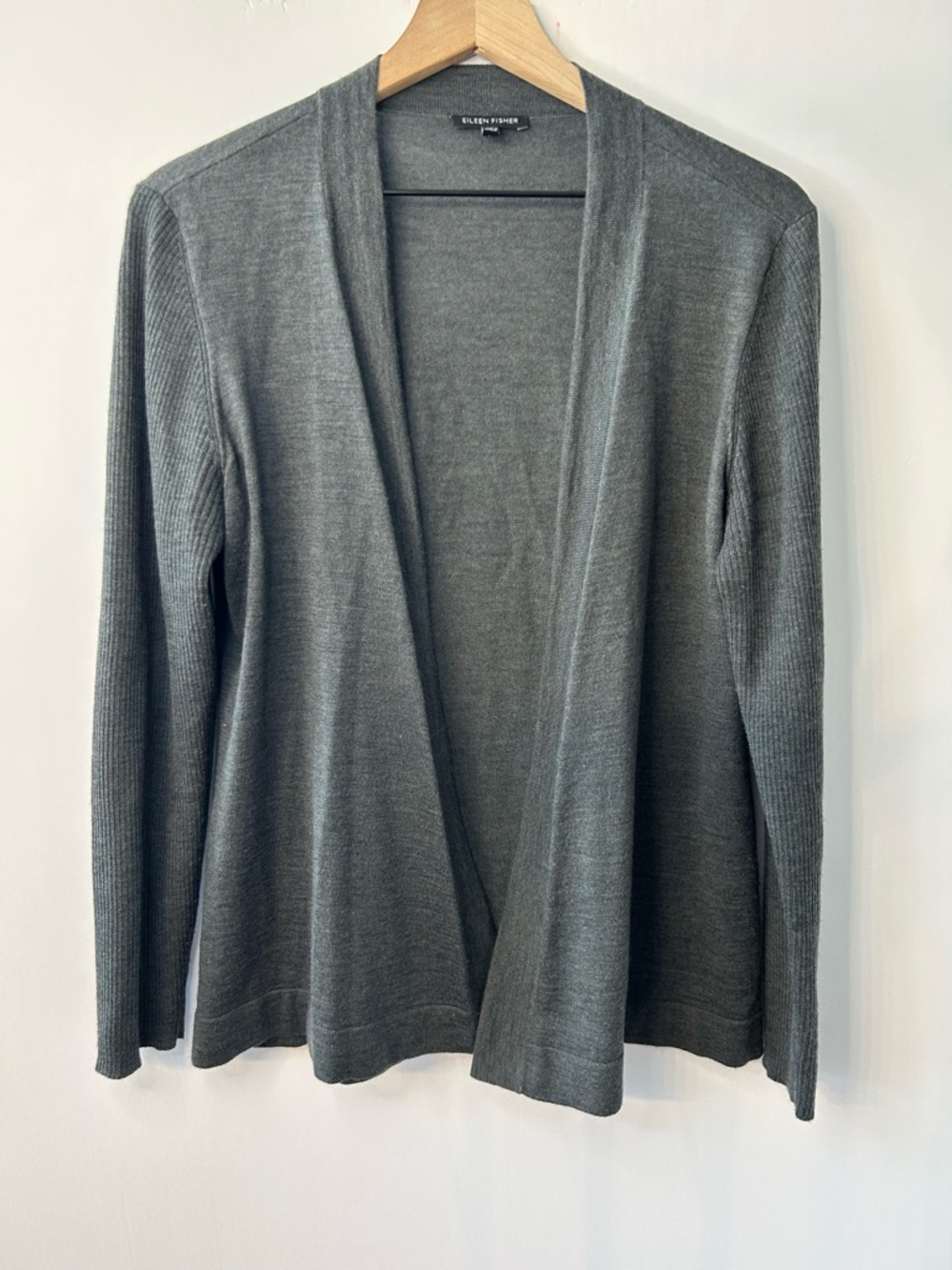 Eileen Fisher Women’s Charcoal Grey Open Front 100% Merino Wool Cardigan, Medium